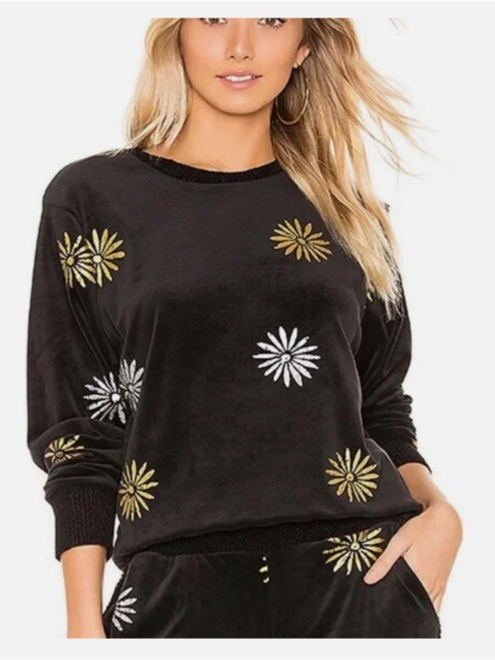 Splendid x Margarita Daisy Black Velour Pullover Sweatshirt